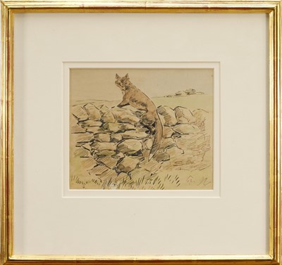 Lot 1293 - Charlie Johnson Payne, 'Snaffles' (1884-1967) pen, ink and watercolour illustration - Fox on a Wall, signed, inscribed verso 'remark for Stone Walls', 15.5cm x 18cm, in glazed gilt frame