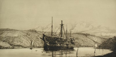 Lot 1265 - Harold Wyllie (1880-1973) signed etching - Hulk at Anchor, in glazed frame