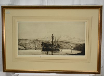 Lot 1265 - Harold Wyllie (1880-1973) signed etching - Hulk at Anchor, in glazed frame