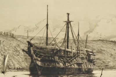 Lot 1265 - Harold Wyllie (1880-1973) signed etching - Hulk at Anchor, in glazed frame