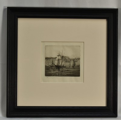 Lot 1266 - *Harold Wyllie (1880-1973) three signed etchings - Shipping, 12cm square, 13cm x 36cm and 11cm x 32cm, in glazed frames (3)