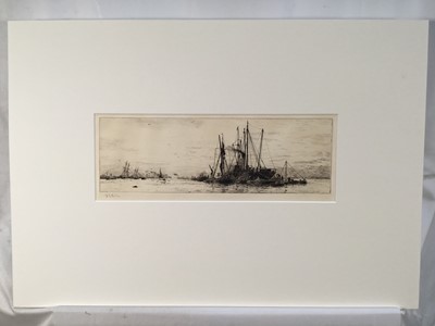 Lot 1264 - William Lionel Wyllie (1851-1931), signed etching - Unloading Timber, 13cm x 34cm, mounted