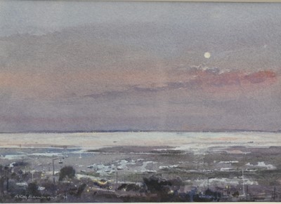 Lot 1277 - Roy Hammond (b.1934) watercolour - Moonrise over the Estuary, Leigh on Sea, signed, in glazed frame