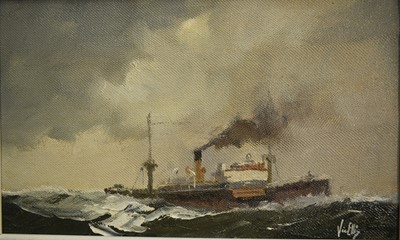 Lot 1288 - Vic Ellis (1921-1984) oil on canvas laid on board - Steam Ship at Sea, signed, 17cm x 28.5cm, framed