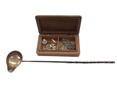 Lot 1077 - Georgian silver toddy ladle, long white metal guard chain, Victorian white metal 'Emily' brooch and some enamelled pins