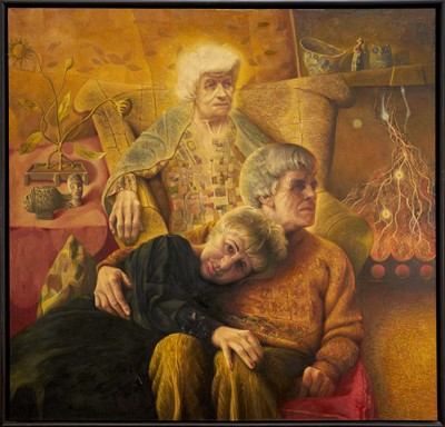 Lot 1480 - George Melling (Contemporary) oil on canvas - “And Mother Makes Three”, 116mc x 120cm, framed, label verso for the National Portrait Gallery BP Portrait Award 1991