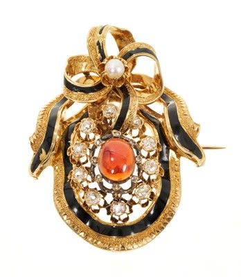 Lot 609 - 19th century French cabochon garnet, diamond, pearl and black enamel gold brooch