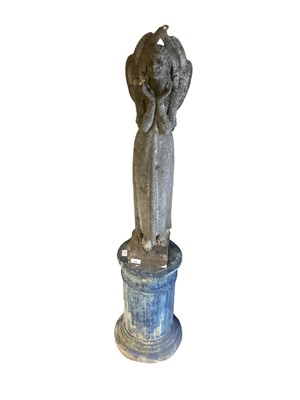 Lot 1453 - Concrete garden figure - Angel, 87cm high together with a blue painted column, 51cm high and a terracotta chimney pot, 45cm high (3)