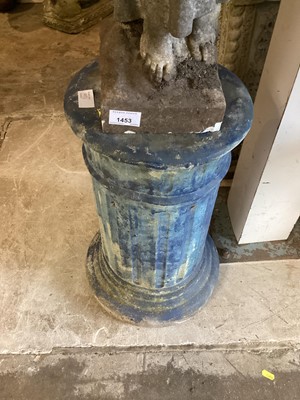 Lot 1453 - Concrete garden figure - Angel, 87cm high together with a blue painted column, 51cm high and a terracotta chimney pot, 45cm high (3)