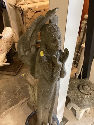 Lot 1453 - Concrete garden figure - Angel, 87cm high together with a blue painted column, 51cm high and a terracotta chimney pot, 45cm high (3)