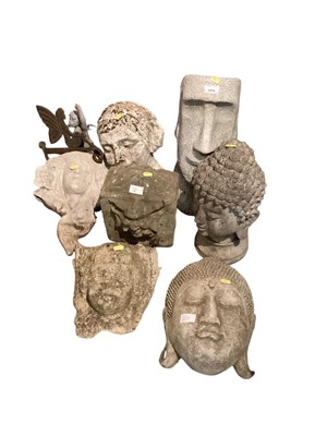 Lot 1454 - Selection of concrete garden faces, Easter Island statue, weather vane and sundry items (qty)