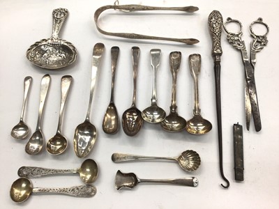 Lot 1103 - Group of Georgian and later silver teaspoons, salt spoons etc, pair of silver sugar tongs, Dutch silver caddy spoon and other items