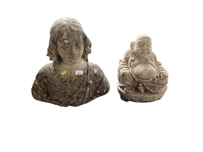 Lot 1459 - Two concrete garden busts, together with a cherub mask, Buddha and an urn (5)