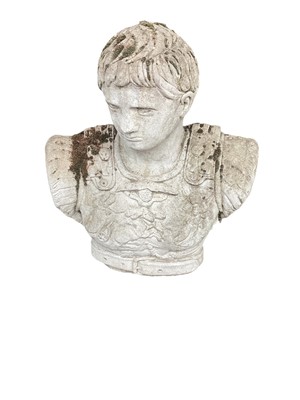 Lot 1461 - Concrete garden bust in the form of a Roman, 56cm high