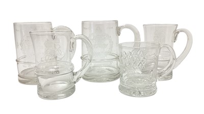 Lot 50 - Pair 1930s Thomas Goode King Edward VIII Coronation commemorative glass tankards with engraved crowned ERVIII cyphers, pair Thomas Goode King George VI Coronation commemorative glass tankards wi...