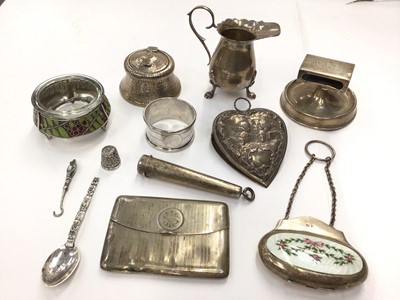 Lot 37 - Group of silver items including an Edwardian enamelled purse, heart shaped desk clip, ink well, enamelled salt etc