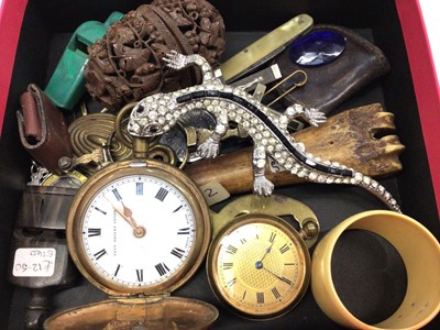 Lot 38 - Vintage paste set lizard brooch, gold plated full hunter pocket watch, fob watch, pair of lorgnettes and other bijouterie