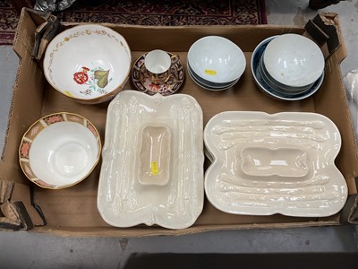 Lot 597 - Two similar sets of asparagus plates, Derby cup and saucer, jam pease bowls and other items