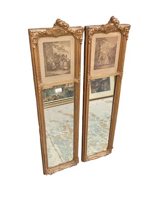 Lot 1472 - Pair of Edwardian pier mirrors with French mezzotint glazed panels, 107cm x 28cm