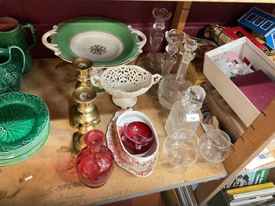 Lot 776 - Pair of brass candlesticks, glass candlesticks and sundries.