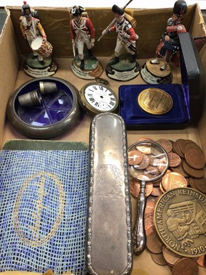 Lot 1107 - Silver mounted dressing table brush, magnifying glass, 'sterling' mounted blue glass dish, pocket watch, coins and medallions, two autograph books and four painted led soldiers