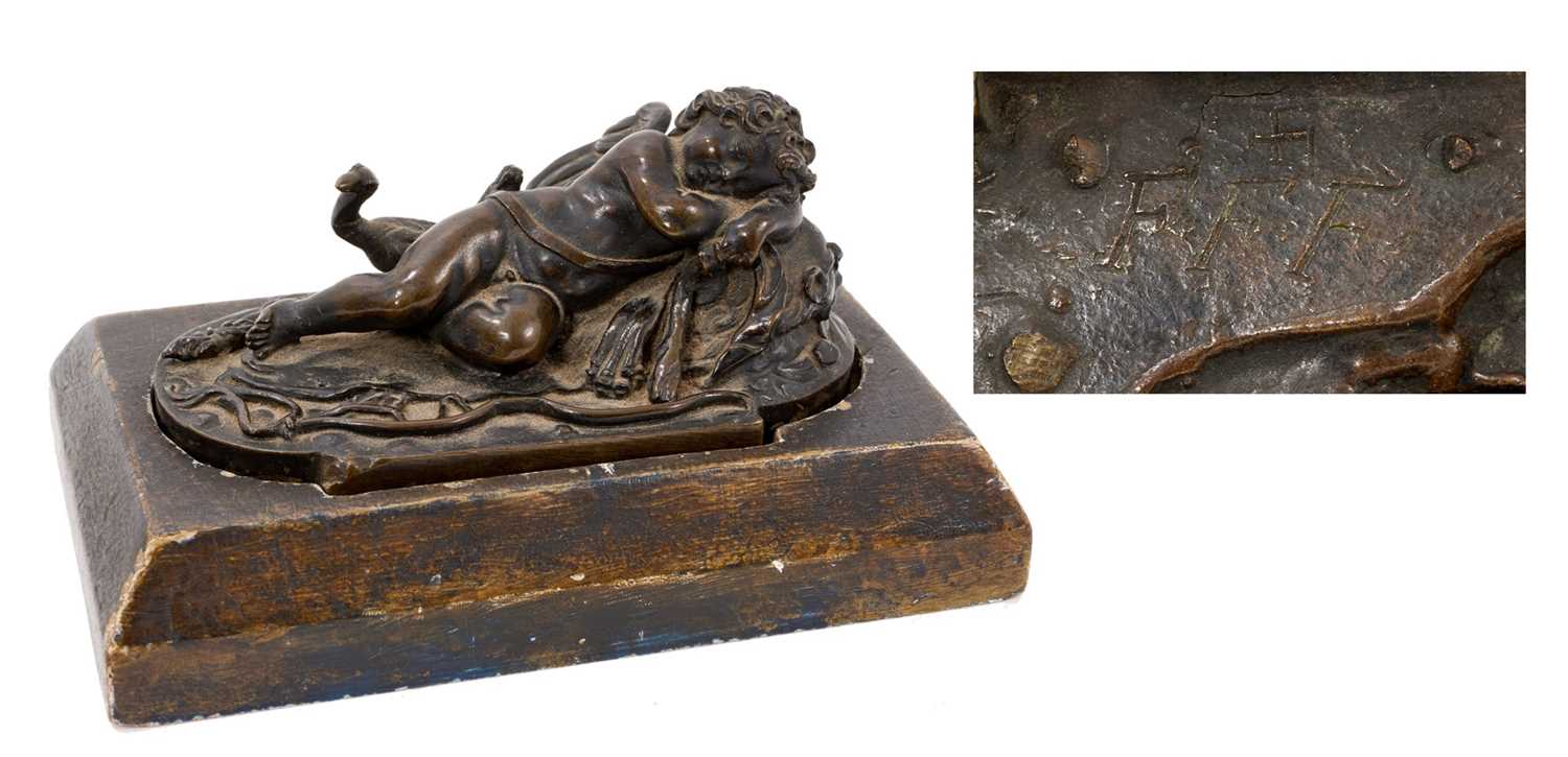 Lot 1104 - Francesco Fanelli (1577-c.1657) bronze - Sleeping Cupid, related paperwork beneath