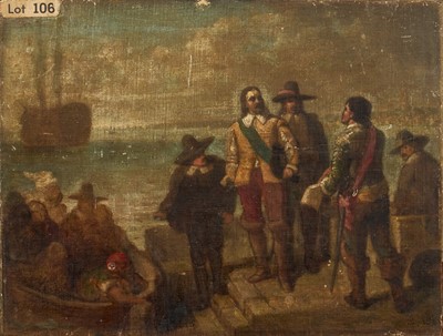 Lot 1415 - Attributed to Charles Lucy (1814-1873) oil sketch on canvas laid on panel - 'The arrival of Oliver Cromwell and Hampden when they about to embark for America'