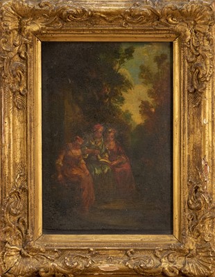 Lot 1414 - English School, 18th century, oil on panel - Three figures in a Garden, 24.5cm x 16.5cm, in gilt frame