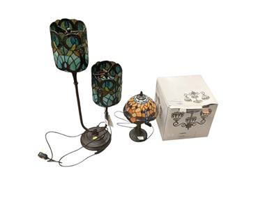 Lot 1485 - Two modern table lamps with Tiffany style shade and boxed Kentucky triple ceiling light (3)