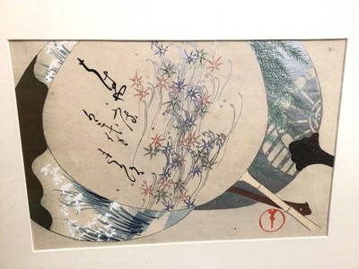 Lot 371 - Kamisaka Sekka (1866-1942) Japanese woodblock print- Summer Fans, in glazed frame, together with other Japanese prints