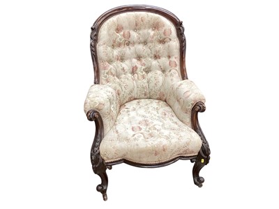 Lot 1489 - Victorian carved mahogany framed spoon back chair with buttoned floral upholstery