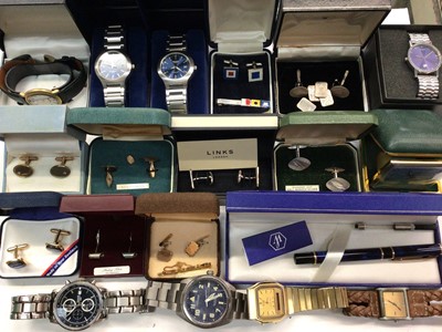 Lot 1121 - Two pairs of 9ct gold cufflinks, 9ct gold tie clip, five pairs of silver cufflinks and other cufflinks, Waterman fountain pen in box and a collection of various wristwatches