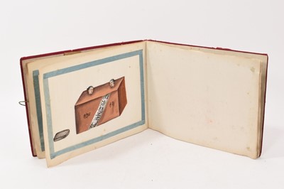 Lot 1082 - 19th century Chinese album of pith paper pictures, housing nine pictures, depictions of torture, each approximately 14 x 20cm, in red silk album