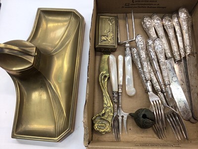 Lot 1113 - Two silver and mother of pearl forks, one other, a group of ornatley decorated plated cutlery, Art Nouveau brass ink well and other items