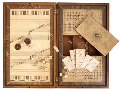 Lot 1095 - Rare boxed musical game, patented by Ann Young, 1801, with folding mahogany case, opening to reveal paper lined playing surface, with end drawers and well enclosing various engraved ivory dice,...