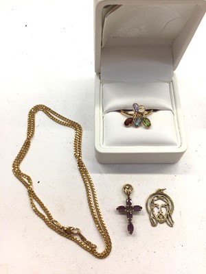 Lot 1123 - 9ct gold flat curb link chain, two 9ct gold pendants and 9ct gold gem set ring