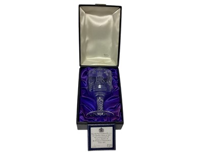 Lot 55 - The Silver Jubilee 1977, Stuart Crystal commemorative goblet with cut and etched crowned ERII 1952-1977 decoration on air twist stem and splayed foot 17.5cm high,limited edition no.342/500 with...