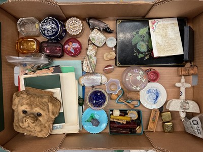 Lot 630 - Group of objet vertu and sundries, including trinket boxes, cheroot holders, ephemera, Coronation and other medallions (including Canadian), a notepad in the form of a bulldog, etc