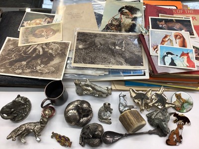 Lot 396 - Group of silver and plated fox ornaments, other fox related items, postcards and ephemera