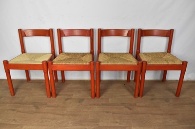 Lot 1596 - Vigo Magistretti (1920-2006) for Habitat, a set of four beech side chairs, stained red, with rush seats, purchased by the vendor in the 1970s