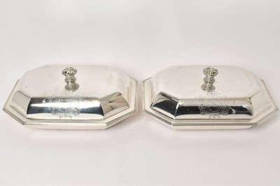 Lot 489 - Pair of George III silver entree dishes with engraved armorials