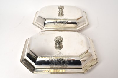 Lot 489 - Pair of George III silver entree dishes with engraved armorials