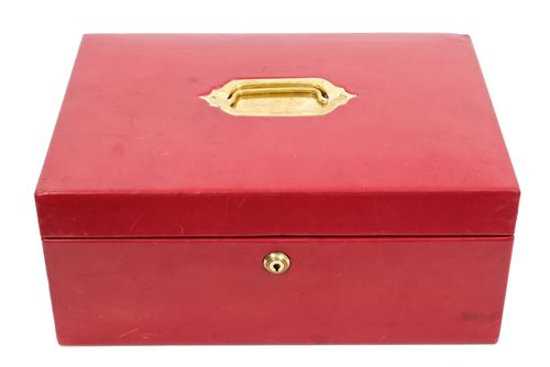 Lot 27 - Red leather despatch box with brass inset...