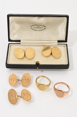 Lot 679 - Two pairs of 18ct gold cufflinks with engraved initials JGA, together with two signet rings with matching initials