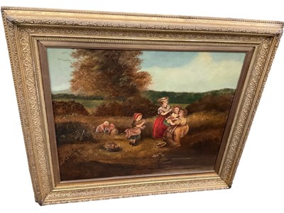 Lot 271 - 19th century oil on canvas, figures gathering flowers, 62 x 74cm, in period gilt gesso frame