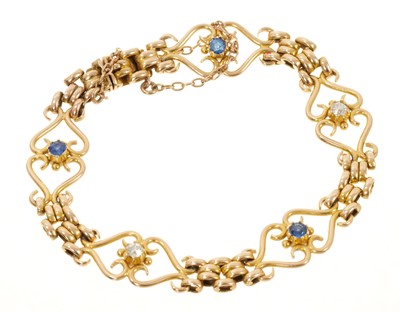 Lot 605 - Edwardian 15ct gold fancy link sapphire and diamond bracelet