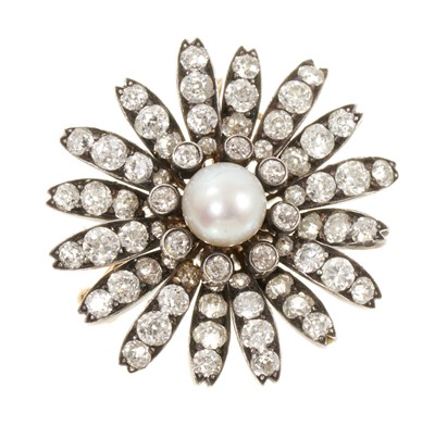 Lot 600 - Victorian diamond and pearl flower head cluster brooch