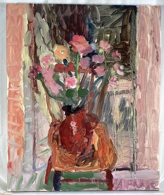 Lot 116 - Annelise Firth (b.1961) oil on canvas - Chair & Spring Flowers, signed titled and dated 2024 verso, 60cm x 50cm, unframed