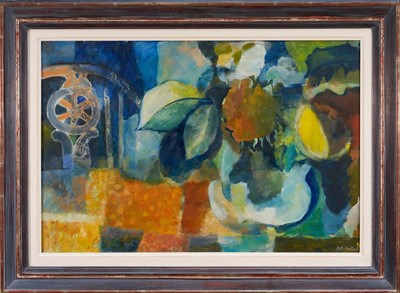 Lot 1379 - *Brian Horton (b. 1933) oil on board - Sunflowers and A Patchwork Cloth, signed, c. 1970, 51cm x 76cm, framed