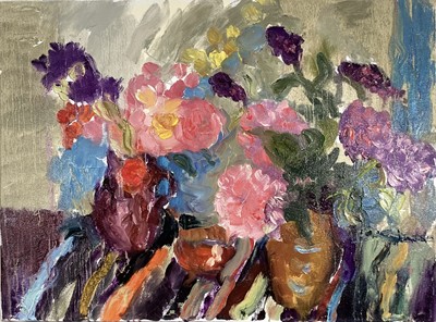 Lot 113 - Annelise Firth (b.1961) oil on canvas - Summer Flowers, signed titled and dated 2024 verso, 46cm x 61cm, unframed